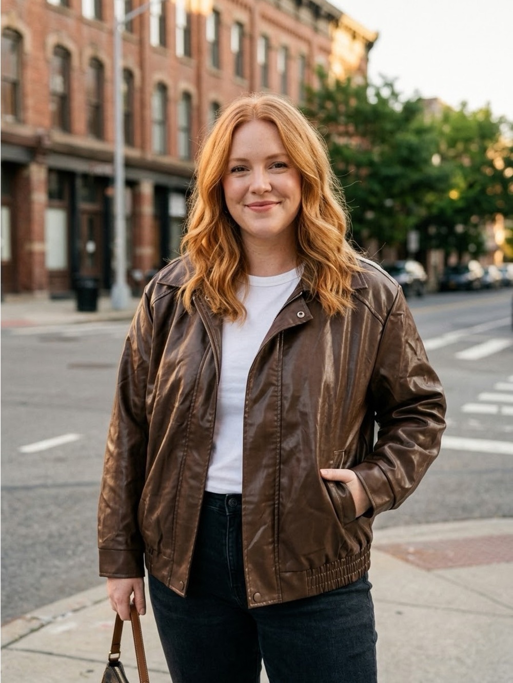 Brown Faux Leather Bomber Jacket Women’s Medium